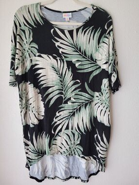 LuLaRoe Irma XS Tropical Palm Leaf Tunic Top Black Green High Low Stretch Knit
